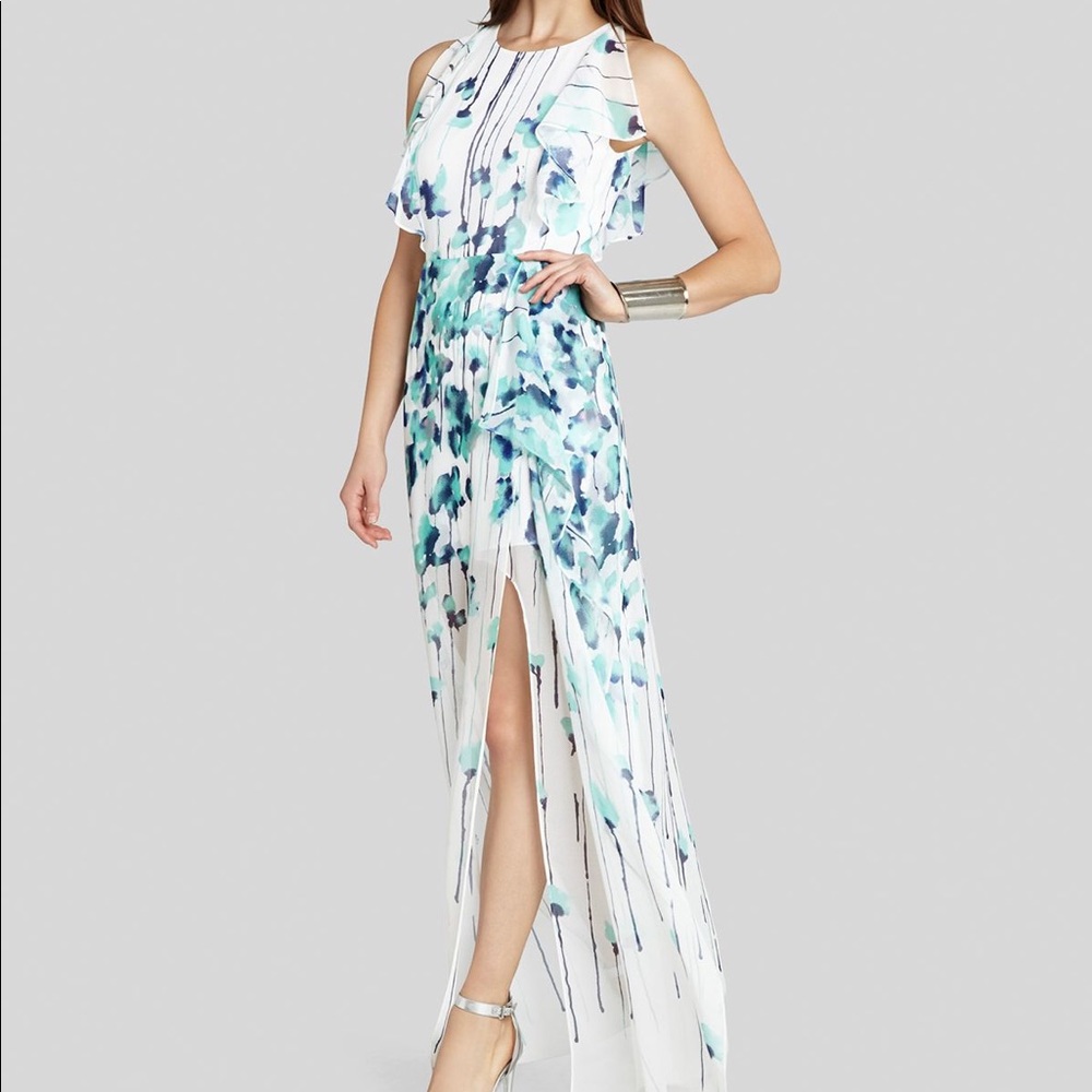 60% OFF BCBG: White Georgette Gown w/ Blue Floral